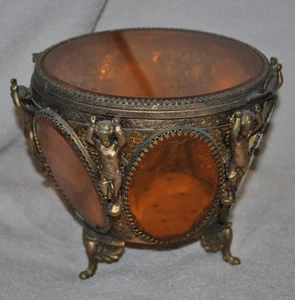 Französische Ormolu Gold filigran Engel abgeschrägt Bernstein große Glas Schmuckschatulle Schatulle - Bild 1 von 13
