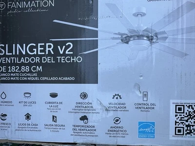 Fanimation Slinger v2 72-in LED Outdoor Brushed Nickel White 9 Blades Fan Light - Image 1 of 2