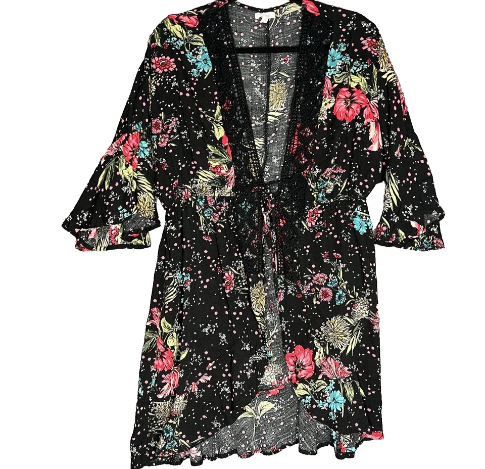 Cárdigan de verano MAURICES negro floral para mujer talla M con ribete de ganchillo Foto 1 de 4