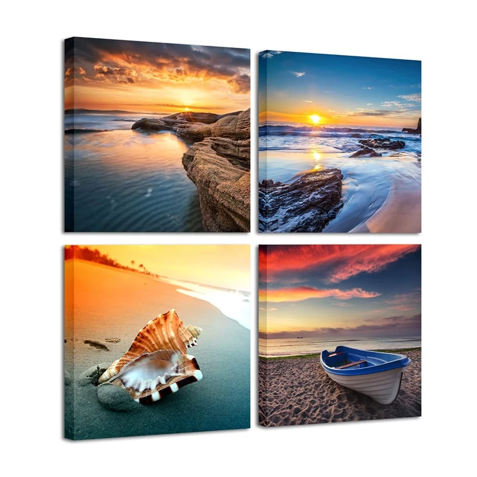 Sunset Sea Beach Modern Seascape Pictures Paintings on Canvas Wall Art 4 Panel