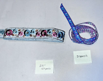 Jacquard embroidered trim ribbon teal pink yellow garden floral 3 yards - 4mm w. - Imagem 1 de 4