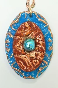 Handmade art jewelry, blue-copper-brown polymer clay necklace by KaOle - Picture 1 of 3
