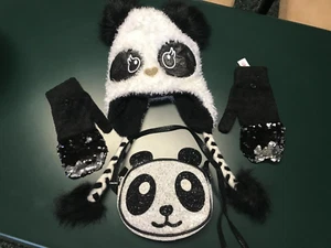Justice Girl's Panda Bear Hat & Mittens Set One Size With Matching Panda Purse - Picture 1 of 10