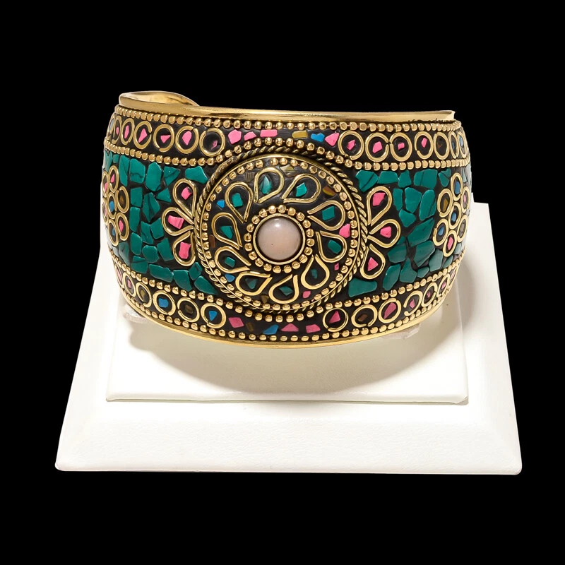 Turquoise, Onyx & Red Coral Gemstone Tibatan Antique Handmade Men's Style Cuff - Image 1 of 1