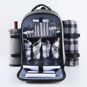 4 Person Insulated Grey Picnic Backpack w/ Picnic Cutlery, Crockery, & Rugs - Picture 1 of 14