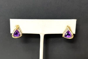 (MA6) Ladies 14k Yellow Gold 2.7g Amethyst & Diamond 0.05TCW Stud Earrings - Picture 1 of 7