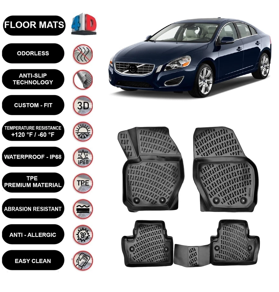 Floor Mats Liner Fits Volvo S60 (2010-2018) Waterproof 4D Molded 4pcs - Image 1 of 4