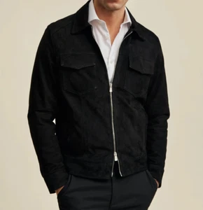 Men Black Pure Suede Leather Jacket Slim Fit Trucker Jacket Custom Size S M L XL - Picture 1 of 3