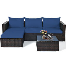 Patio Rattan Sectional Set with Cushions and Coffee Table - Brown/Blue (5 Pieces)