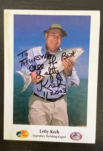 Scheda fotografica firmata LEFTY KREH Bass Pro leggenda della pesca a mosca, 2003, 7”x5” - Foto 1 di 6