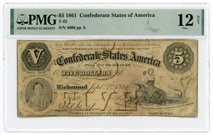 1861 T-32 $5 The Confederate States of America Note - CIVIL WAR Era PMG Fine 12 - Picture 1 of 2