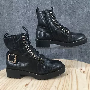 Asos Boots Womens 6 Studded Hiker Ankle Booties Heel Crocodile Black Leather NEW - Picture 1 of 13