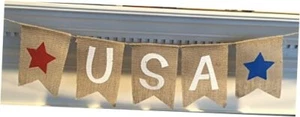 USA Burlap Patriotic Banner Bunting - 4th of July Party Decoration - Memorial - Picture 1 of 6