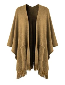 Women's Shawl Wraps with Pockets Open Front Fringe Poncho Cozy Knit Lightweig... - Picture 1 of 7