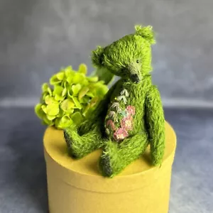Embroidered Teddy Bear - One of a Kind Little Mohair Plush Toy, Easter gift - Picture 1 of 10