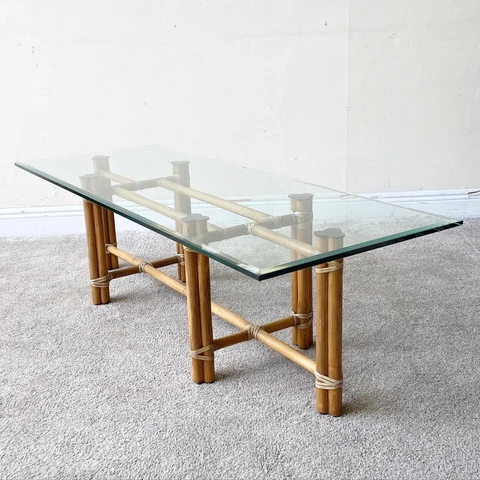 Boho Chic Bamboo Rattan Beveled Glass Top Coffee Table by McGuire Furniture Cover