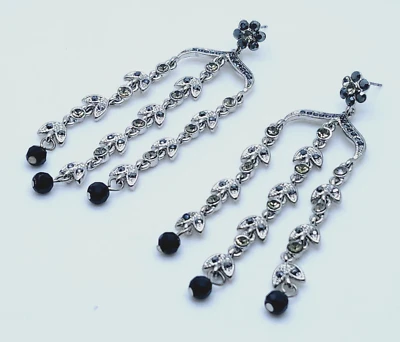 Pendientes de araña colgantes de 3,25" de largo negro y BD estrás 3 líneas fiesta de moda Foto 1 de 4