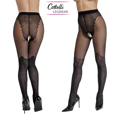 Calze Collant Neri con Apertura sul Cavallo e Pizzo Ricamato Cottelli Legwear - Immagine 1 di 4