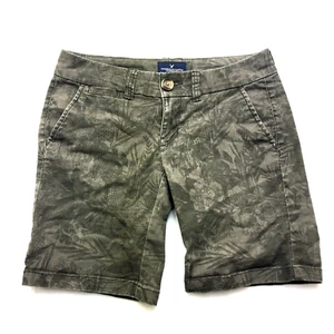 AMERICAN EAGLE Denim Short Women M Olive Green Floral Camo Bermuda Stretch  - Picture 1 of 14