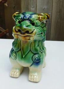 Vintage Green Yellow Porcelain Glazed Chinese Foo Dog Temple Lion - Picture 1 of 10