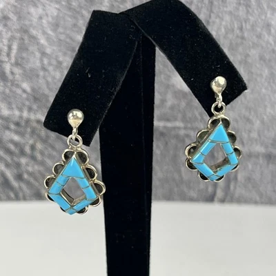 Висячие серьги из стерлингового серебра 925 пробы с синей бирюзой 1 дюйм - Изображение 1 из 4