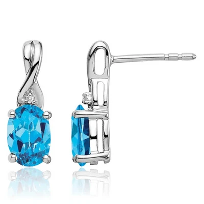 14K Solid White Gold Oval Swiss Blue Topaz Diamond Dangle Earrings - Image 1 of 4