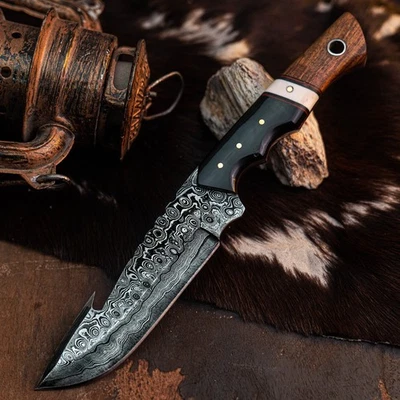 Cuchillo Damasco/Acero 9" Listo para Regalo Full Tang Hunt it Hunt + Funda de Cuero Foto 1 de 4