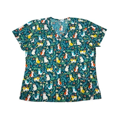 Divine Stretch Scrub Top Easter Theme Bunny Rabbit Cat Egg Hunt Size 2XL - Image 1 of 4