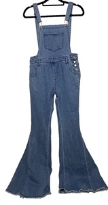 Saints and Hearts Ultra Flare Denim Jean Overalls Women's Large Raw Hem Boho - Picture 1 of 8
