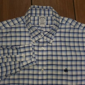 Brooks Brothers Regent Non Iron Shirt Mens XL Plaid Button Down Blue White Check - Picture 1 of 10