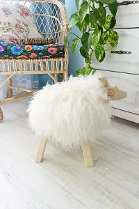 White Fur Ottoman Real Sheepskin Pouf Nursery Room Natural Sheepskin Seat Cover - Picture 1 of 10