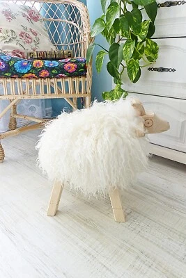 White Fur Ottoman Real Sheepskin Pouf Nursery Room Natural Sheepskin Seat Cover - Image 1 of 4