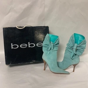 Turquoise Suede Bebe sexy bows heeled boots booties sz5 $200 New Boxed - Picture 1 of 12