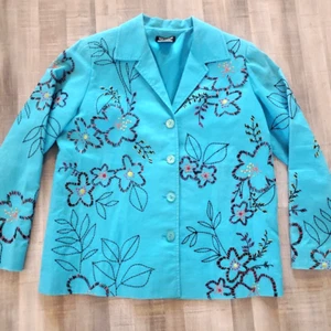 Mark Singer Softwear Blue Floral Embroidered beaded Lightweight Jacket SML - Picture 1 of 7