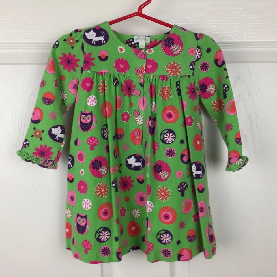 Vestido Le Top Verde Rosa Púrpura Búho Gato Algodón Jersey Estampado - Niñas 24 Meses Foto 1 de 4