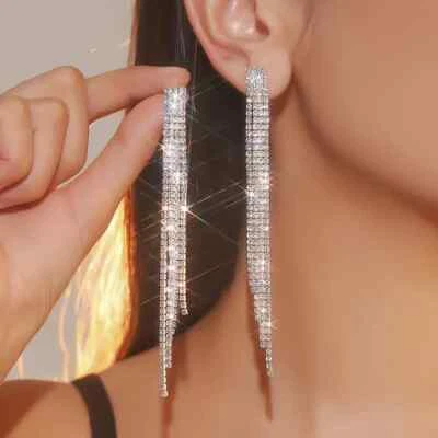 Pendientes Largos Borla Cristal con Estrás para Mujer Boda Fiesta Par Foto 1 de 4
