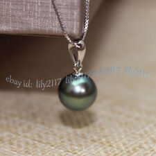 Elegant Real Natural Black Green Tahitian Round Pearl Pendant Necklace 18'' 14K