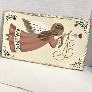 Christmas Flying Angel Trumpet Wall Hanging Slate Hand Painted - Picture 1 of 5