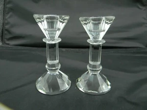 Pair Crystal Faceted Candlesticks Columns High sparkle 5.5" tall Unsigned - Picture 1 of 9