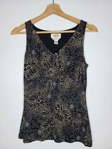 Top donna Talbots nero beige stampa floreale scollo a V senza maniche foderato seta taglia 4 - Foto 1 di 7