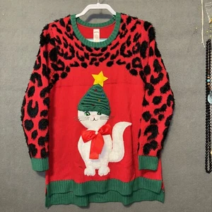 Ugly Christmas Sweater Holiday Time OX 14W Cow Spots Red Green White Cat W/ Hat - Picture 1 of 9