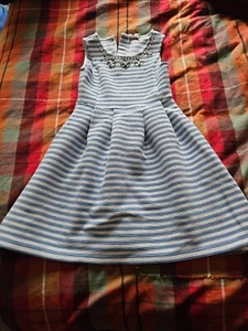 Blue Stripy kids dress - 8yrs - Decorated neckline - - Picture 1 of 1