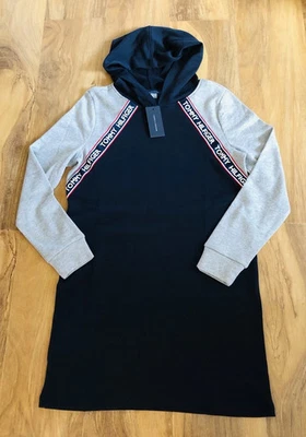 全新带标签 Tommy Hilfiger 海军蓝灰色连帽衫连衣裙长袖标志休闲女式 S — 第 1/4 张图片