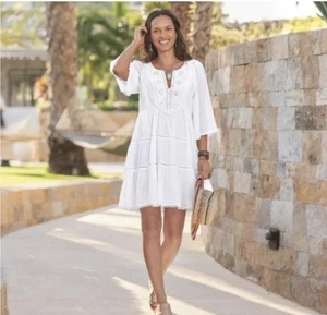 Vestido SUNDANCE Sahara Blanco Algodón Crochet Cuentas Brocado Gasa Niveles Mediano - Imagen 1 de 18