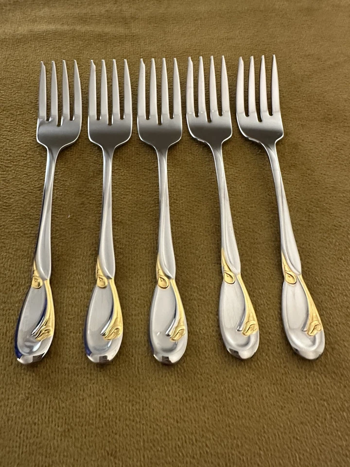 SET OF (5) ONEIDA Deluxe GOLDEN CALLA LILY SALAD FORKS Stainless Flatware - Image 1 of 4