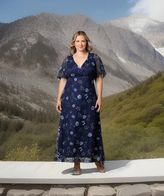 Vestido Kiyonna Bordado Elegancia Azul Estilo 3X Mangas Acampanadas Maxi Floral Foto 1 de 4