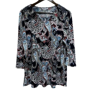 Allison Daley Tunic Womens L Colorful Paisley Artsy Beaded Stretch Knit Top - Picture 1 of 9