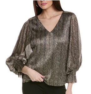 New VINCE CAMUTO Top Metallic Gold Black V-Neck Long Sleeve Lined Blouse Size M - Picture 1 of 13
