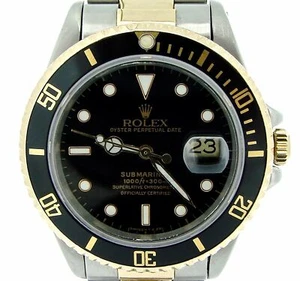 Rolex Submariner 2tone 18K Gold & Stainless Steel Watch Black Date Sub 16803 - Picture 1 of 6
