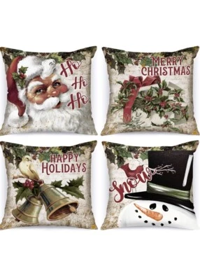 Juego de 4 Fundas de Almohada Navidad Vintage 20X20, Muñeco de Nieve Retro Papá Noel  Foto 1 de 4